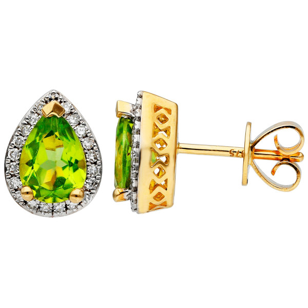 9ct Yellow Gold Peridot & Diamond Pear Shape Halo Stud Earrings