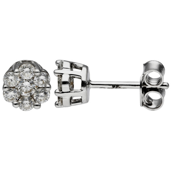 9ct White Gold Diamond Flower Cluster Stud Earrings