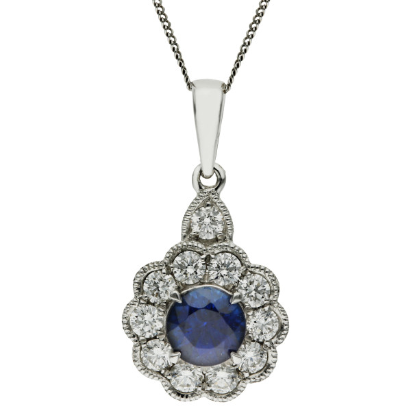 18ct White Gold Sapphire & Diamond Flower Cluster Pendant