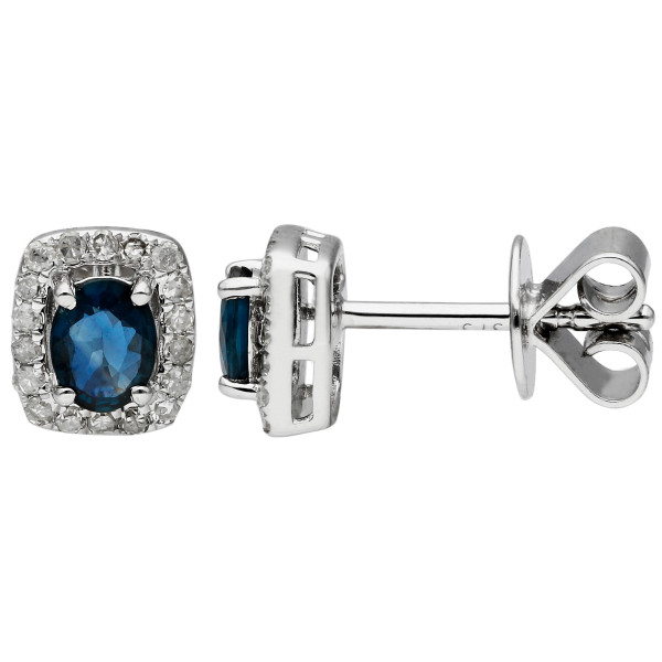 9ct White Gold Sapphire & Diamond Halo Cluster Rectangular Stud Earrings