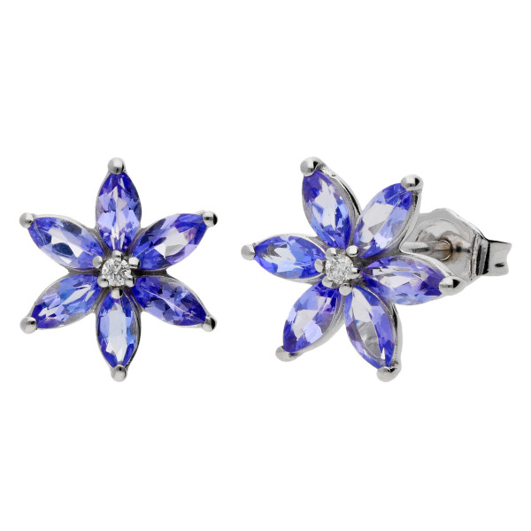 9ct White Gold Tanzanite & Diamond Floral Cluster Earrings