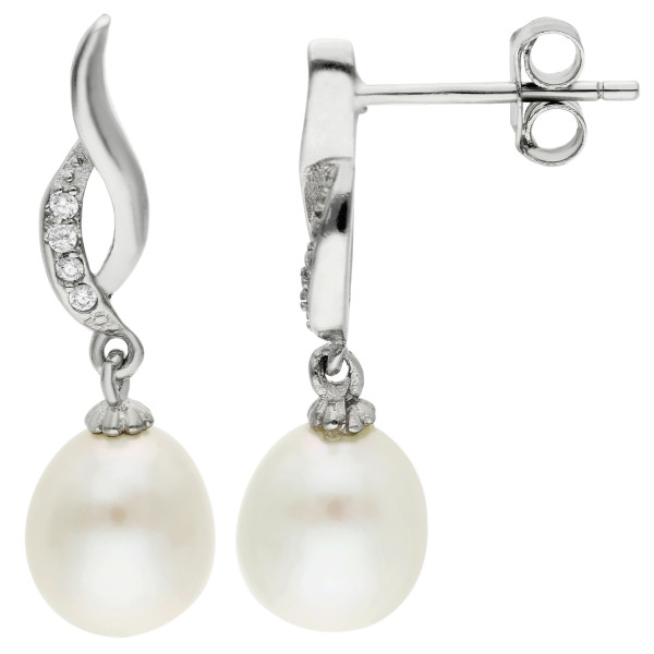 Sterling Silver, Cubic Zirconia & Pearl Drop Earrings