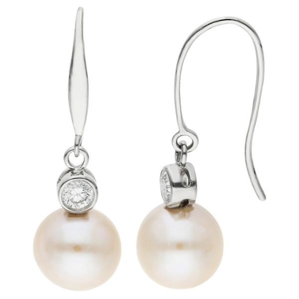 9ct White Gold Pearl & 0.26ct Diamond Pearl Drop Earrings