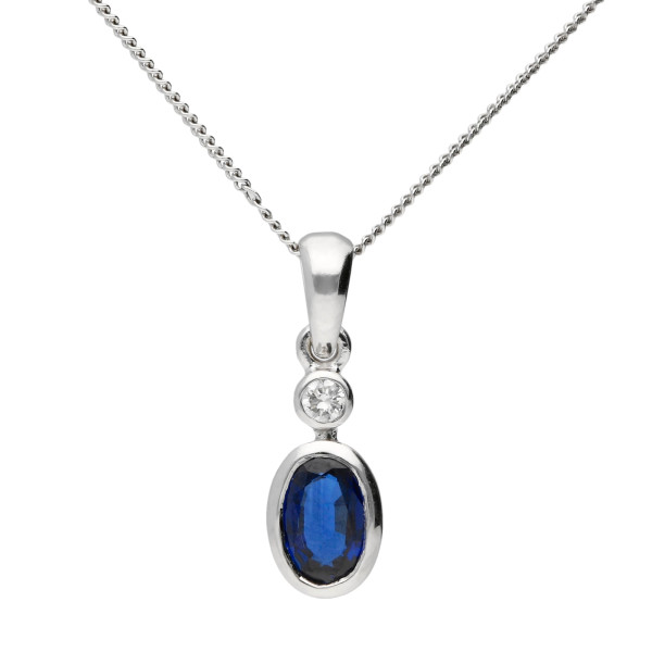 18ct White Gold 6mm Sapphire & Diamond Oval Pendant 
