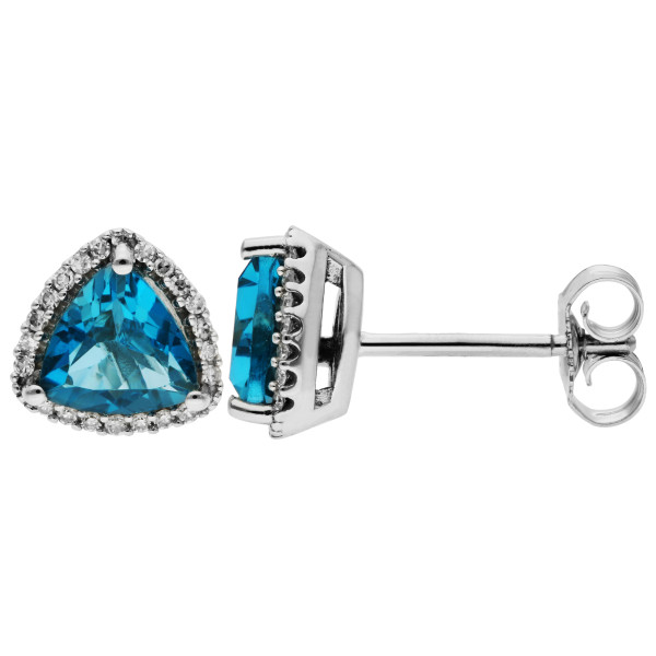 9ct White Gold London Blue Topaz Trillion Cut Halo Stud Earrings