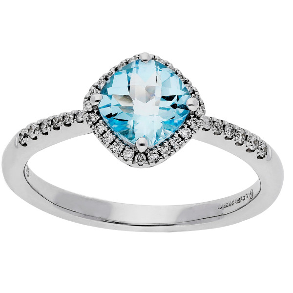 9ct White Gold Aquamarine & Diamond Halo Cluster Ring