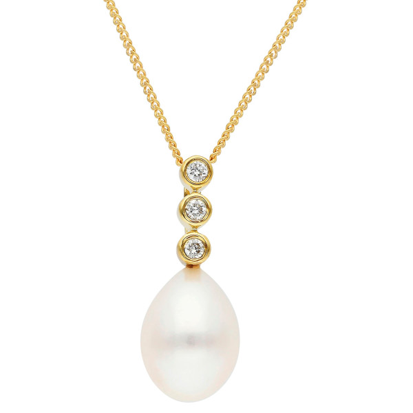 18ct Yellow Gold 7.5-8mm Teardrop Cultured River Pearl & Diamond Pendant