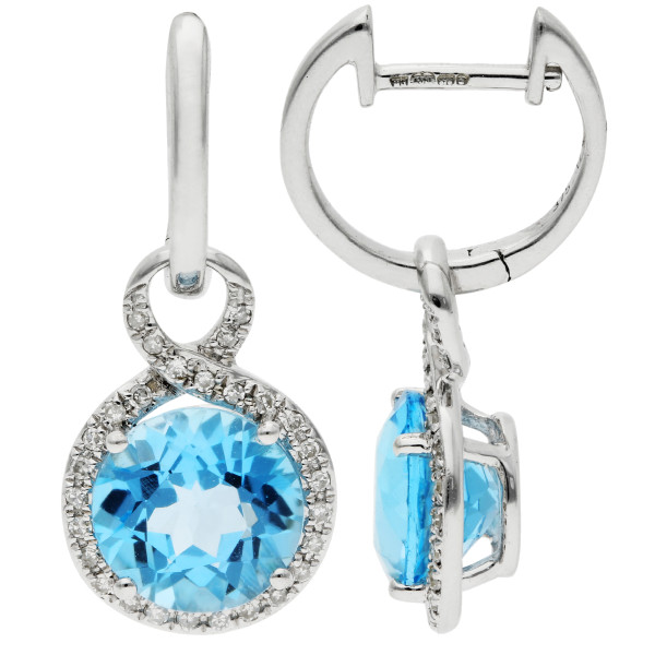 9ct White Gold Blue Topaz & Diamond Drop Hoop Earrings