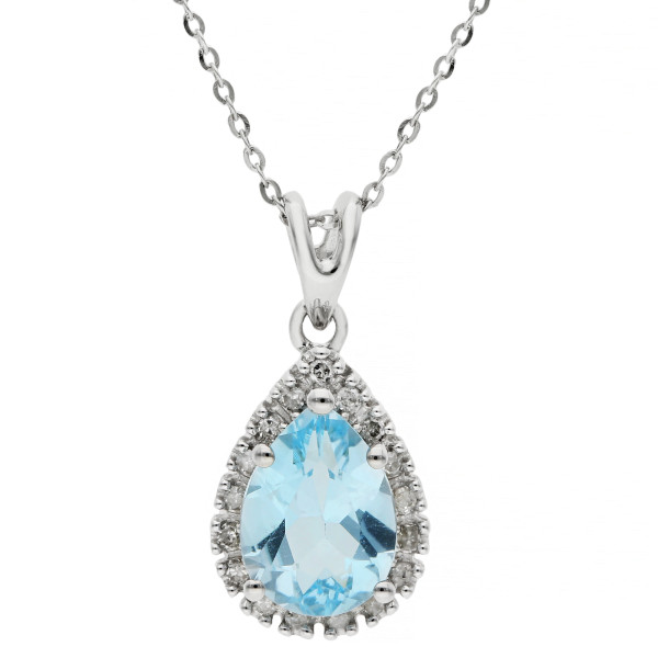 9ct White Gold Blue Topaz & Diamond Pear Drop Pendant