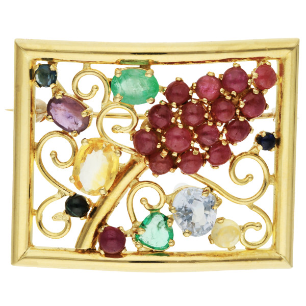 9ct Yellow Gold Rectangular Multi Gemstone Brooch