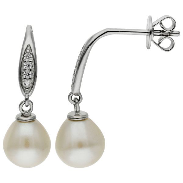 Sterling Silver Pearl & Cubic Zirconia Drop Earrings