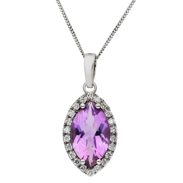 18ct White Gold Amethyst & Diamond Marquise Halo Pendant