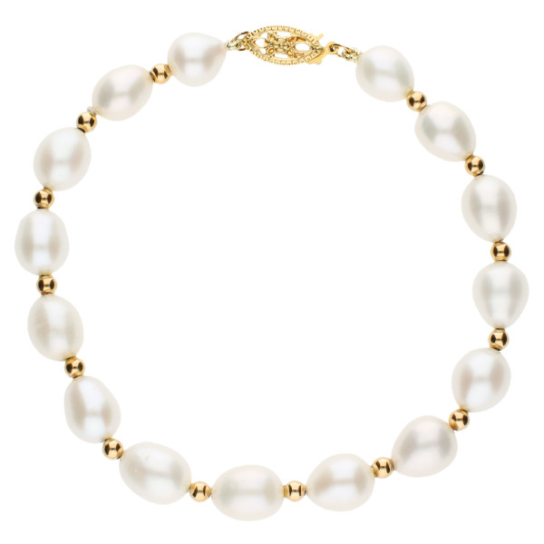 9ct Yellow Gold White Rice Pearl Bracelet