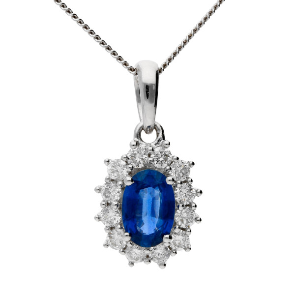 18ct White Gold 0.50ct Sapphire & 0.25ct Diamond Cluster Pendant