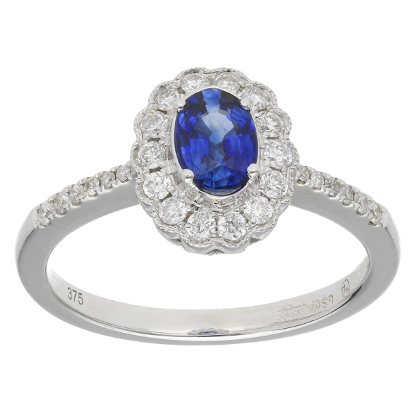 9ct White Gold Diamond Oval Scallop Sapphire Ring - N 
