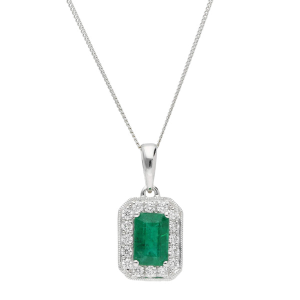 18ct White Gold Diamond & 0.57ct Emerald Pendant