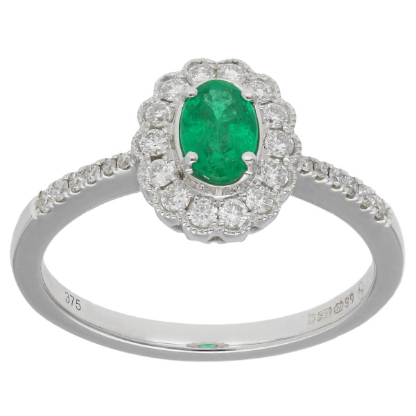 9ct White Gold Diamond Oval Scallop Emerald Ring - O