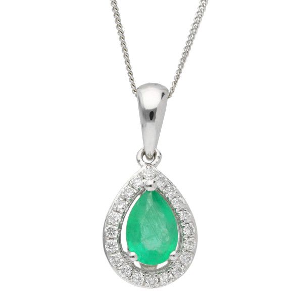 9ct White Gold Diamond & 0.38ct Emerald Pendant