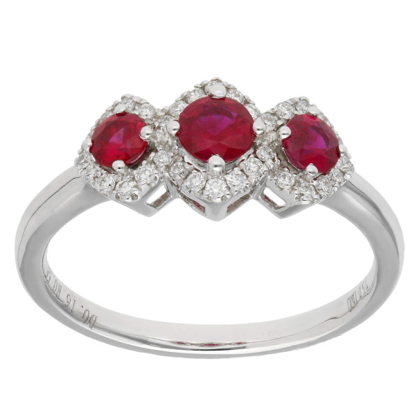 18ct White Gold Ruby & Diamond Trilogy Cluster Ring - M