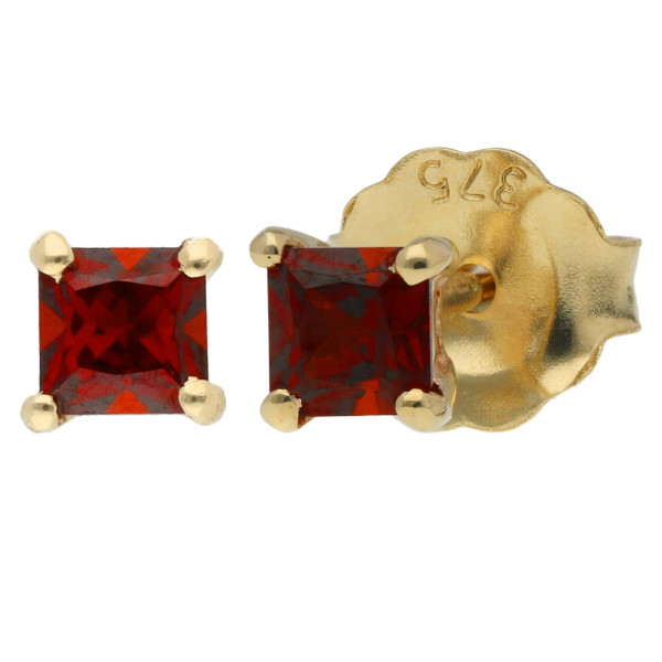 9ct Yellow Gold 3mm Garnet Solitaire Square Shape Earrings 