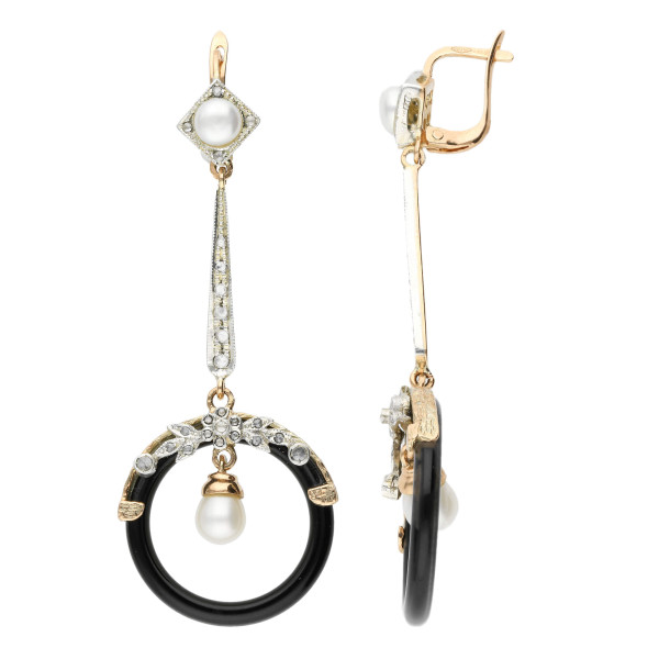 Onyx, Diamond & Pearl Drop Earrings