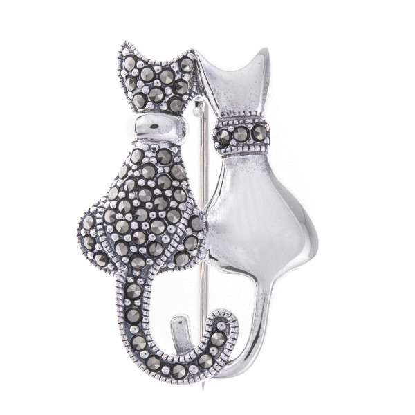 Sterling Silver Marcasite Partners Cat Brooch