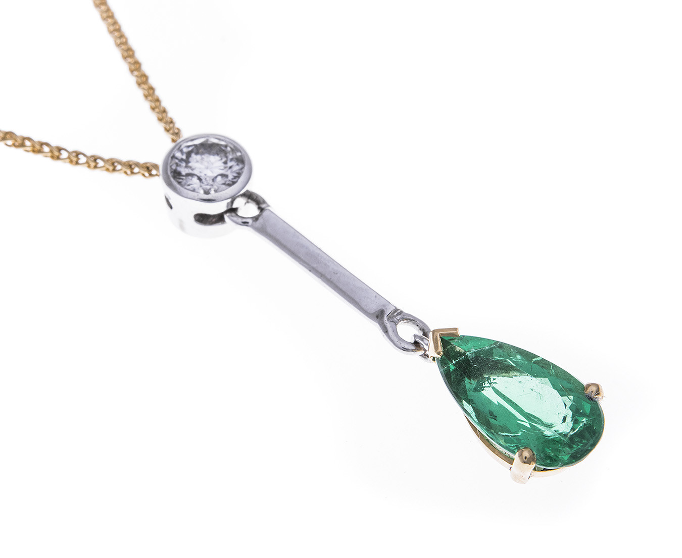 18ct Yellow & White Gold Emerald & Diamond Drop Necklace | Buy Online